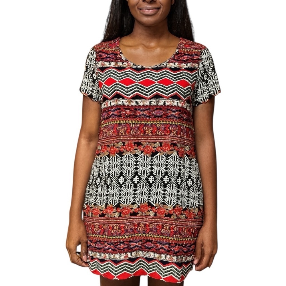 Papillon Large Mini Black Red Dress w/ Pockets Boho Ethnic